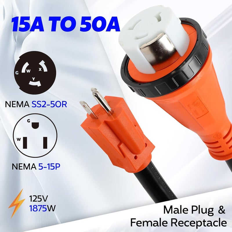 Dollate 50amp to 110 Adapter for RV, NEMA 5-15P to SS2-50R Female RV Power Adapter with Locking Connector, Durable and Safe ETL Listed 15 to 50 amp RV Adapter for Camper, Heavy Duty 13 inch rv Extension Cord - Image 3